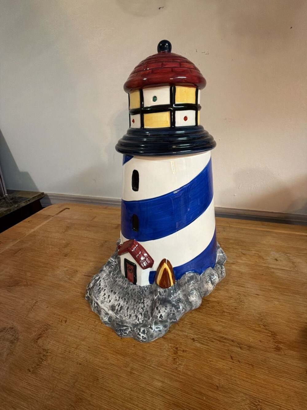 Tone World Lighthouse Cookie Jar Blue and White Ceramic Nautical